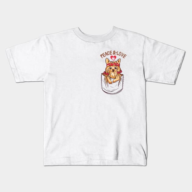 Cute Yorkie Hippie In Pocket Kids T-Shirt by Hypnotic Highs